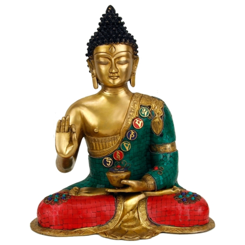 Buddha Mudra der Lehre mit Mosaikdekoration - Messing -  43 cm